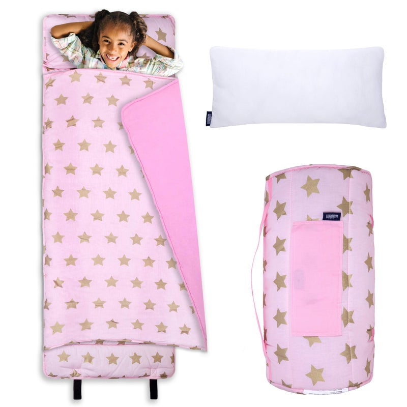Wildkin Kids Original Nap Mat â€“ Cozy Kids Sleep Mat with Pillow, Ideal for School & Travel - Pink and Gold Stars - Image 1